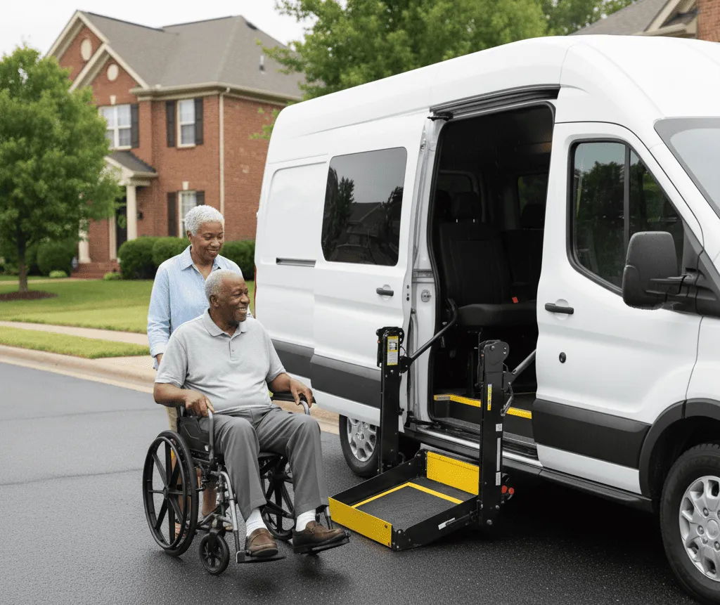 Man in a wheelchair near a van