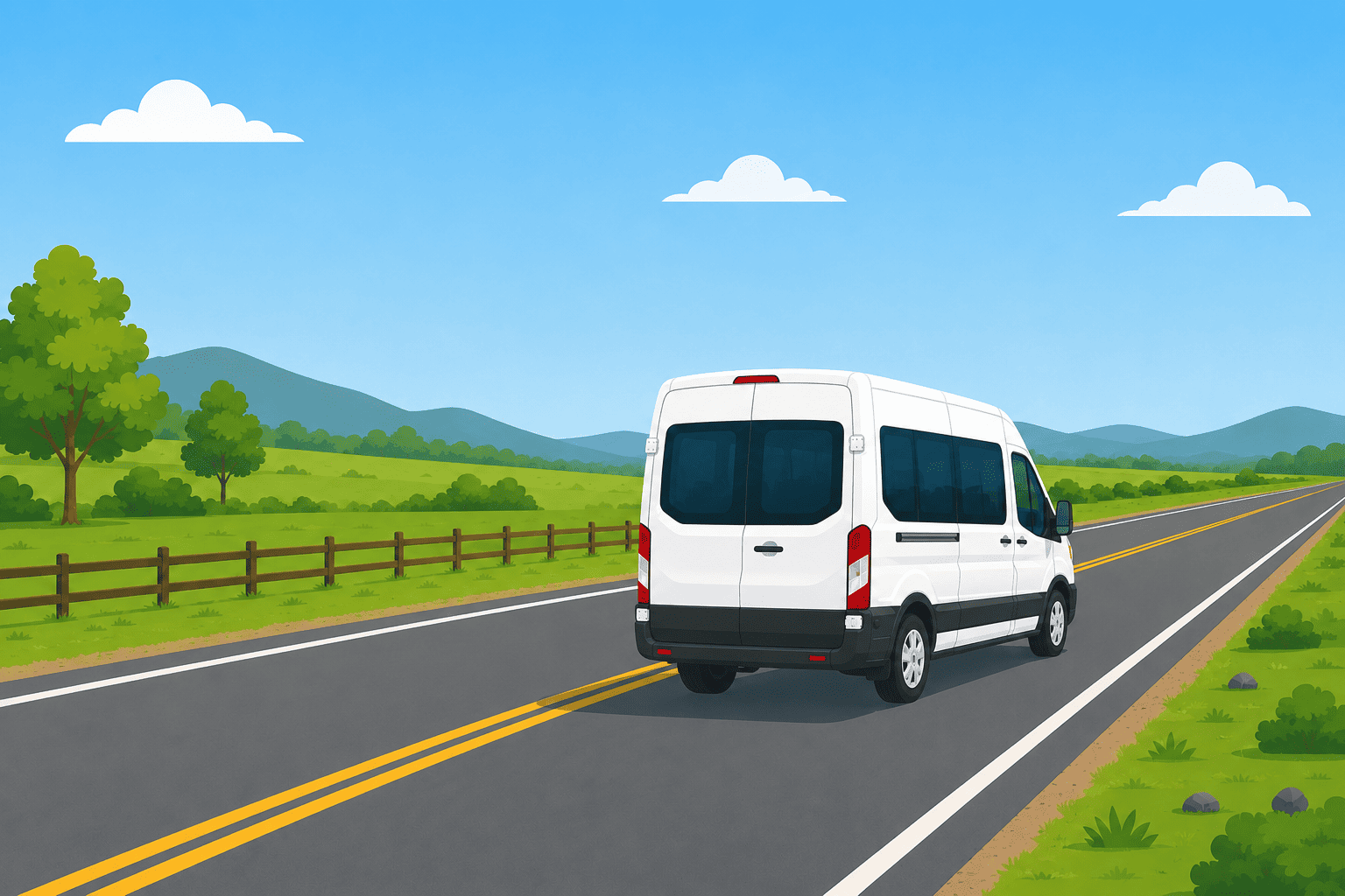 A medical transport van driving on an open road